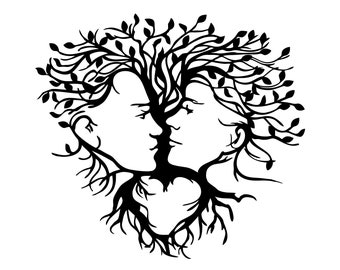 May include: Black and white silhouette of two stylized faces formed by the branches and roots of a tree. The tree is shaped like a heart.
