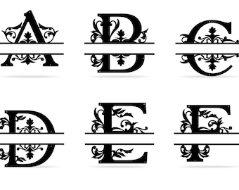 Könnte beinhalten: Sechs schwarze Metall-Split-Monogramm-Buchstaben mit verzierten floralen Designs. Die Buchstaben sind A, B, C, D, E und F.