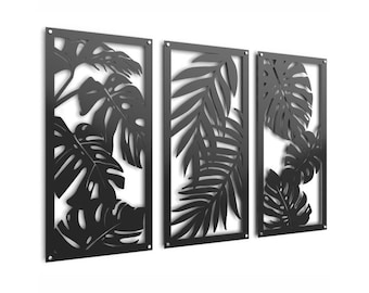 Tropical Leaf Wall Art | Monstera & Palm Metal Panels | Laser Cut Botanical Decor | Modern Wall Hanging | Set of 3 | Indoor Outdoor