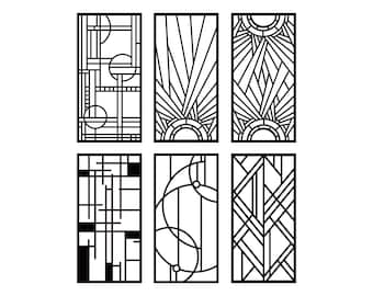 Può includere: Sei motivi geometrici in bianco e nero disposti in una griglia. Ogni motivo è un design diverso con linee e cerchi.