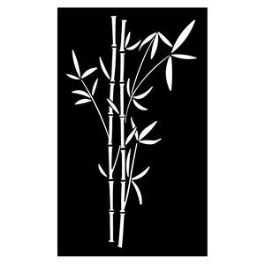 Pode incluir: Uma ilustração em preto e branco de uma planta de bambu com folhas. A planta é estilizada e tem um design simples.