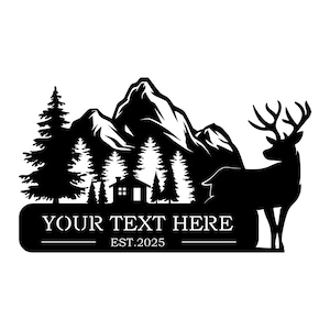 Scena di cervo in baita di montagna / File DXF per cartello in metallo personalizzato / Silhouette di fauna selvatica della foresta / Decorazione della baita / Scena della natura tagliata al laser / DXF /