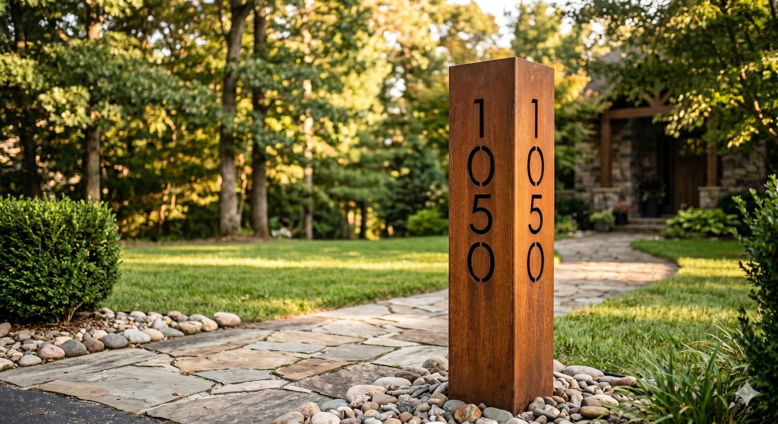 Steel Address Sign Corten Steel Address Sign | Modern House Number Post | Rusted Metal ...