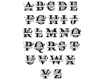 Könnte beinhalten: Eine schwarze und weiße Alphabetschrift mit dekorativen Verzierungen und einer geteilten Linie durch die Mitte jedes Buchstabens.