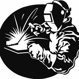 May include: A black and white illustration of a welder wearing a welding mask and welding a piece of metal.