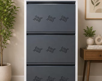 Modern Three-Tier Shoe Storage Cabinet With Drop-Down Drawers, Geometric Vent Slots, And White Frame For An Organized Home Entryway Designs
