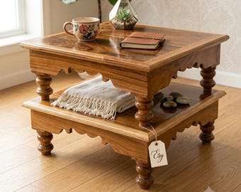 Handcrafted Wood Stand, Artisan Tiered Plant Table, Unique Figured Top Wooden Pedestal, Sustainably Sourced Polished Wood Display Riser