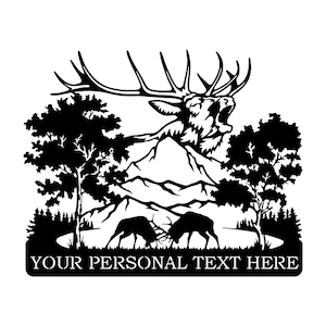 Archivo DXF de escena de montaña de alces / Arte metálico de vida silvestre forestal / Letrero de caza de astas de ciervo / Corte de plasma CNC / Nombre personalizado SVG / Decoración rústica natural