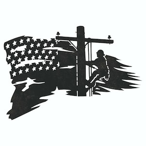May include: Silhouette of a worker climbing a utility pole with an American flag waving in the background.