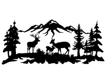 Deer Family Mountain Scene DXF File | Forest Wildlife Laser Cut Design | Nature Silhouette Vector | CNC Plasma Art | Digital Download