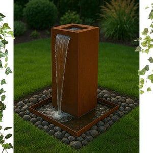 May include: A modern, rectangular, rusted metal water fountain with a cascading waterfall. The fountain is surrounded by small, gray stones and green grass.