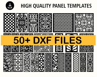 May include: A collection of 50+ black and white DXF files for laser cutting intricate panel designs. The designs feature geometric, floral, and abstract patterns.