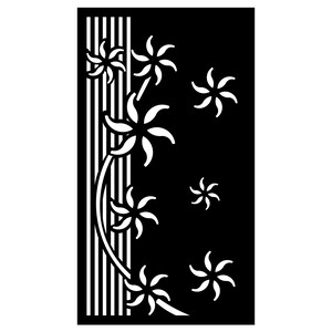 May include: Black and white silhouette of a decorative metal panel with a floral design. The panel features a series of vertical lines and a vine with stylized flowers.