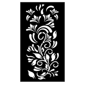 Op de afbeelding: Zwart rechthoekig paneel met een wit bloemmotief. Het ontwerp bestaat uit gestileerde bladeren, krullen en bloemelementen die verticaal zijn gerangschikt. Het contrast tussen de zwarte achtergrond en het witte ontwerp creëert een opvallend visueel effect.