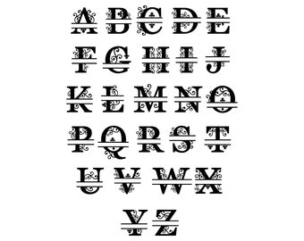 Könnte beinhalten: Dekorative schwarz-weiße Buchstaben von A bis Z, jeweils mit geteiltem Design und floralen Verzierungen. Die Buchstaben sind in Reihen auf weißem Hintergrund angeordnet.