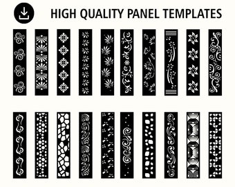May include: A set of 20 high quality panel templates featuring various geometric and floral designs. The templates are black and white and are perfect for laser cutting or CNC routing.