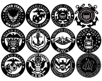 May include: A collection of black and white United States military and government service emblems. The emblems include the Air Force, Marine Corps, Coast Guard, Navy, Merchant Marine, Army, Homeland Security, and Space Force.