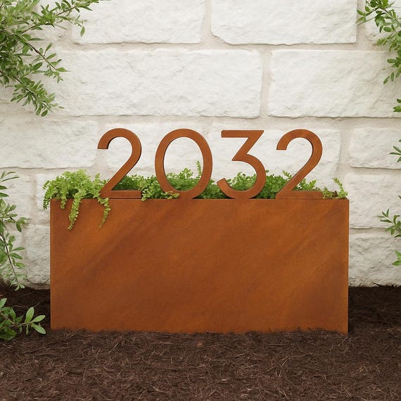 NEIGHBORHOOD ウッドボード ① Corten Address Planter | Modern House Number Sign | Rusted Metal