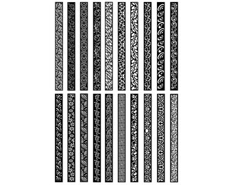 May include: A set of 24 black and white decorative borders. The borders are made up of various patterns, including floral, geometric, and abstract designs.