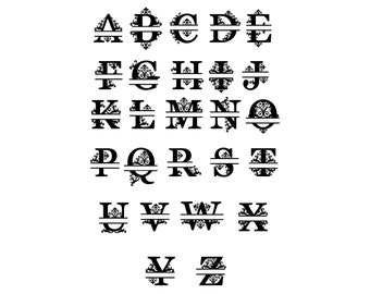 Könnte beinhalten: Eine Sammlung von schwarzen, dekorativen, geteilten Buchstaben des Alphabets von A bis Z. Jeder Buchstabe weist eine horizontale Linie durch die Mitte und komplexe, symmetrische Filigranverzierungen auf, die in das Serifendesign integriert sind.