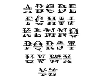 Könnte beinhalten: Ein schwarz-weißes Alphabet mit dekorativen Verzierungen und einer geteilten Linie durch die Mitte jedes Buchstabens. Die Buchstaben sind in einer Schriftart, die einer Schreibschrift ähnelt.
