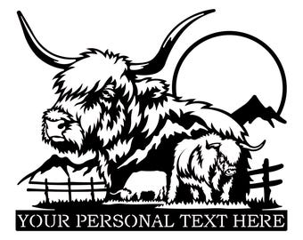 Highland | Cow Metal Wall Art | Farm Animal DXF File | Custom Text Sign | Rustic Western Decor | Laser Cut File | CNC Plasma Art | DXF