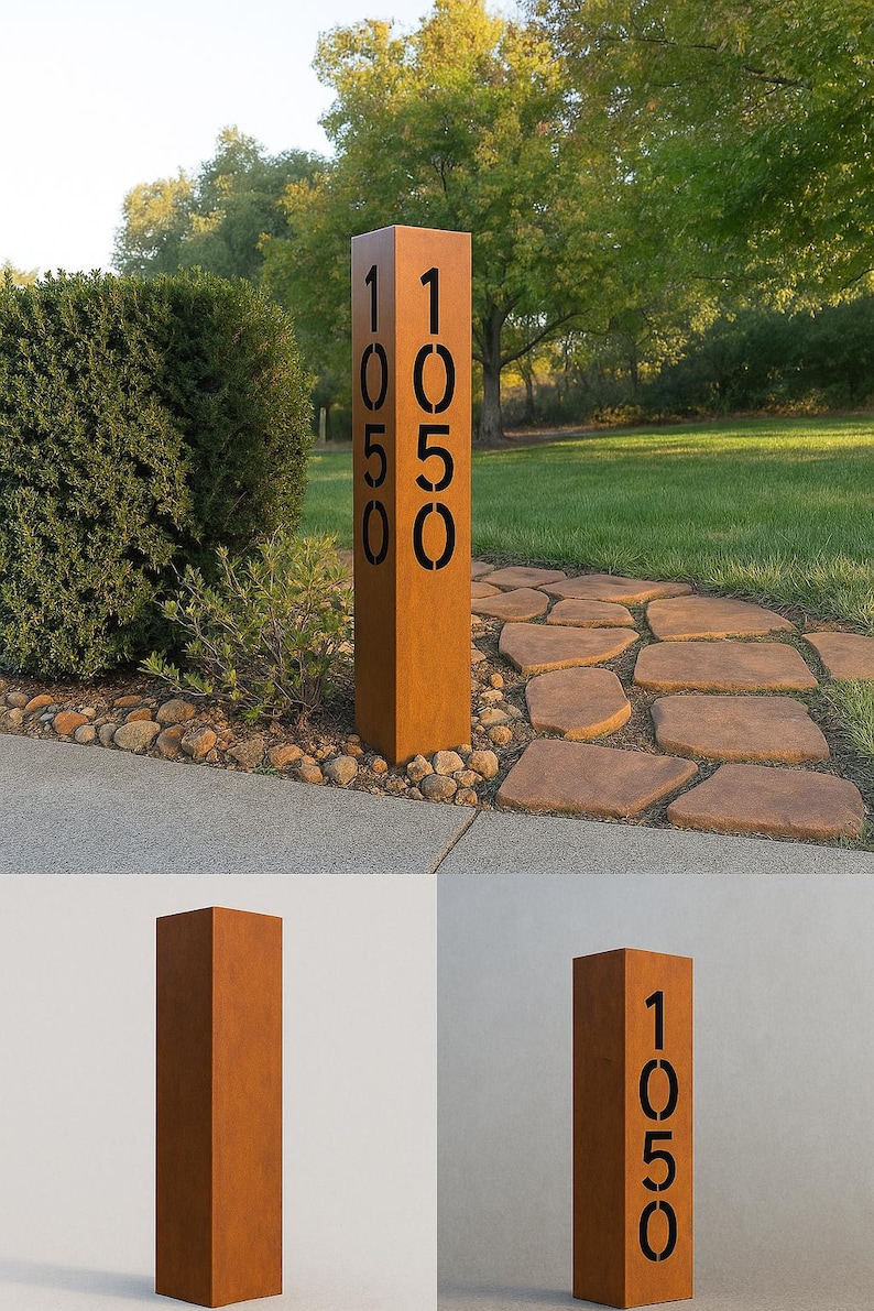 Corten Steel Address Sign | Modern House Number Post | Rusted Metal ...
