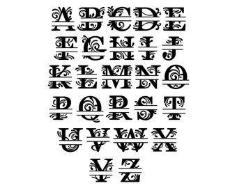 Könnte beinhalten: Ein Satz von 26 schwarz-weißen geteilten Monogramm-Buchstaben mit dekorativen Verzierungen. Jeder Buchstabe ist mit einer horizontalen Linie in zwei Hälften geteilt, und die obere Hälfte hat eine dekorative Verzierung.