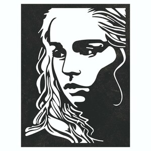May include: Black and white illustration of a woman's face with long hair. The woman is looking to the side with a serious expression.