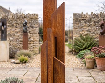 Modern Geometric | Rusted Corten Steel Vertical |  Abstract Garden Sculpture For Outdoor | Patios And Contemporary | Landscape Design