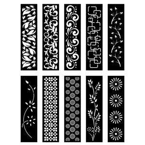 Könnte beinhalten: Satz von 10 schwarz-weißen Laser-Cut-Designs für dekorative Bildschirme oder Paneele. Die Designs umfassen florale, geometrische und abstrakte Muster.