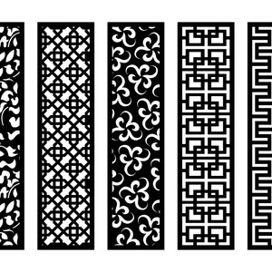 May include: Five black and white decorative panels with different geometric and floral patterns. The panels are all the same size and shape, and they are arranged in a row.