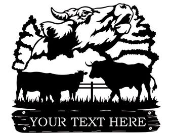 Buffalo Farm Scene DXF File | Cow Silhouette Vector | Ranch Laser Cut Design | Farm Animal CNC Pattern | Cattle DXF | Rustic Fence Scene