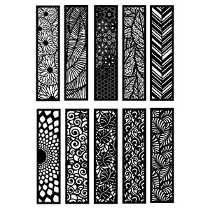 May include: Set of ten black and white laser cut designs for decorative panels. The designs include geometric patterns, floral motifs, and abstract shapes.