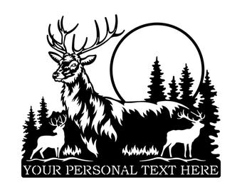 Deer Metal Wall Art DXF File | Forest Elk Scene | Wildlife Plasma Cut File | CNC Laser Cut Design | Custom Text Sign | Hunting Cabin Decor
