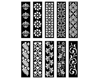 May include: Set of ten black and white decorative patterns, each with a different design. The patterns are all vertical and feature floral, geometric, and abstract motifs.
