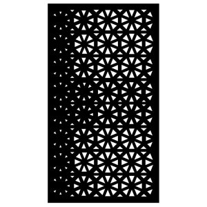May include: Black and white geometric pattern with a repeating design of stars and triangles. The pattern is symmetrical and creates a sense of depth and dimension.