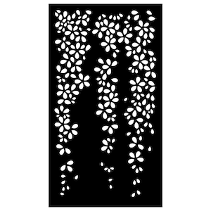 May include: A black metal screen with a white floral design. The screen features a repeating pattern of small flowers, creating a delicate and elegant look.