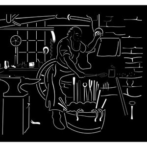 May include: A black and white line drawing of a blacksmith working at an anvil in a workshop. The blacksmith is holding a hammer and a piece of metal. There are tools and other objects in the background.