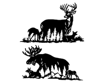 Op de afbeelding: Zwarte silhouet van een hert en een kalf dat in een bos staat, en een eland en een kalf dat in een bos staat.