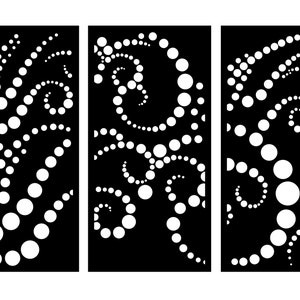 May include: Three black panels featuring a white pattern of circles and swirls. The design is created using small circles that form larger circles and swirls.