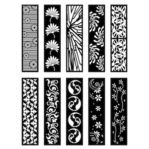 May include: A set of 10 black and white laser cut designs for decorative panels. The designs include geometric patterns, floral motifs, and abstract shapes.