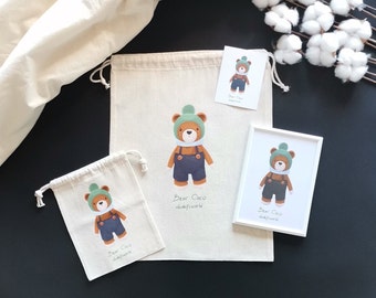 Bear Coco Project bolsa-marco decorativo-juego de tarjetas de notas, lindos estampados coloridos en bolsa de algodón, envoltura de regalo, bolsa de proyecto para crochet y tejido