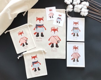 Fox Felix and Ruby Project bag-decorative frame-note card set, Cute colorful prints on cotton bag, project bag for crochet and knitting