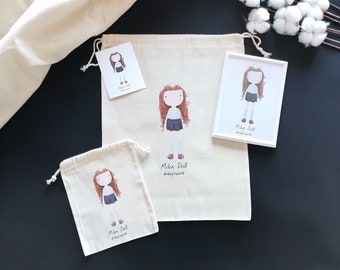 Milen Doll Project bag-decorative frame-note card set, Cute colorful prints on cotton bag, gift wrap, project bag for crochet and knitting