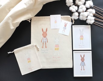 Bunny Ponti and Odi Project bag-decorative frame-note card set, Cute colorful prints on cotton bag, project bag for crochet and knitting