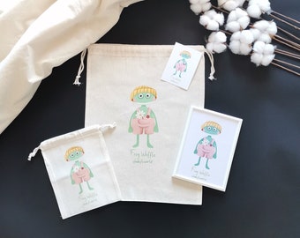 Frog Waffle Project bag-decorative frame-note card set, Cute colorful prints on cotton bag, gift wrap, project bag for crochet and knitting