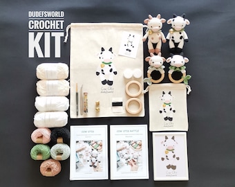 CROCHET KIT Cow Otis and cow rattle with Printed Pattern,Amigurumi Kit,How to Amigurumi Kit with Tutorial