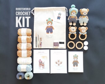 KIT CROCHET Coco l'ours et son hochet avec motif imprimé, kit amigurumi, kit de fabrication d'amigurumi avec tutoriel