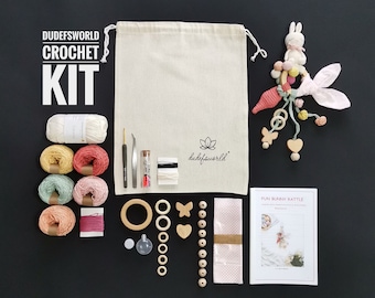 CROCHET KIT Fun Bunny rattle with Printed Pattern,Amigurumi Kit,How to Amigurumi Kit with Tutorial